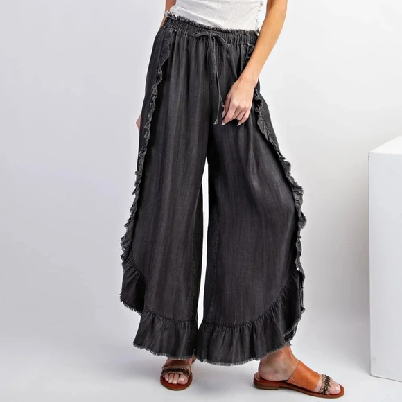 New Easel Black Ruffle Chambray Relaxed Fit Pants - Picture 3 of 6